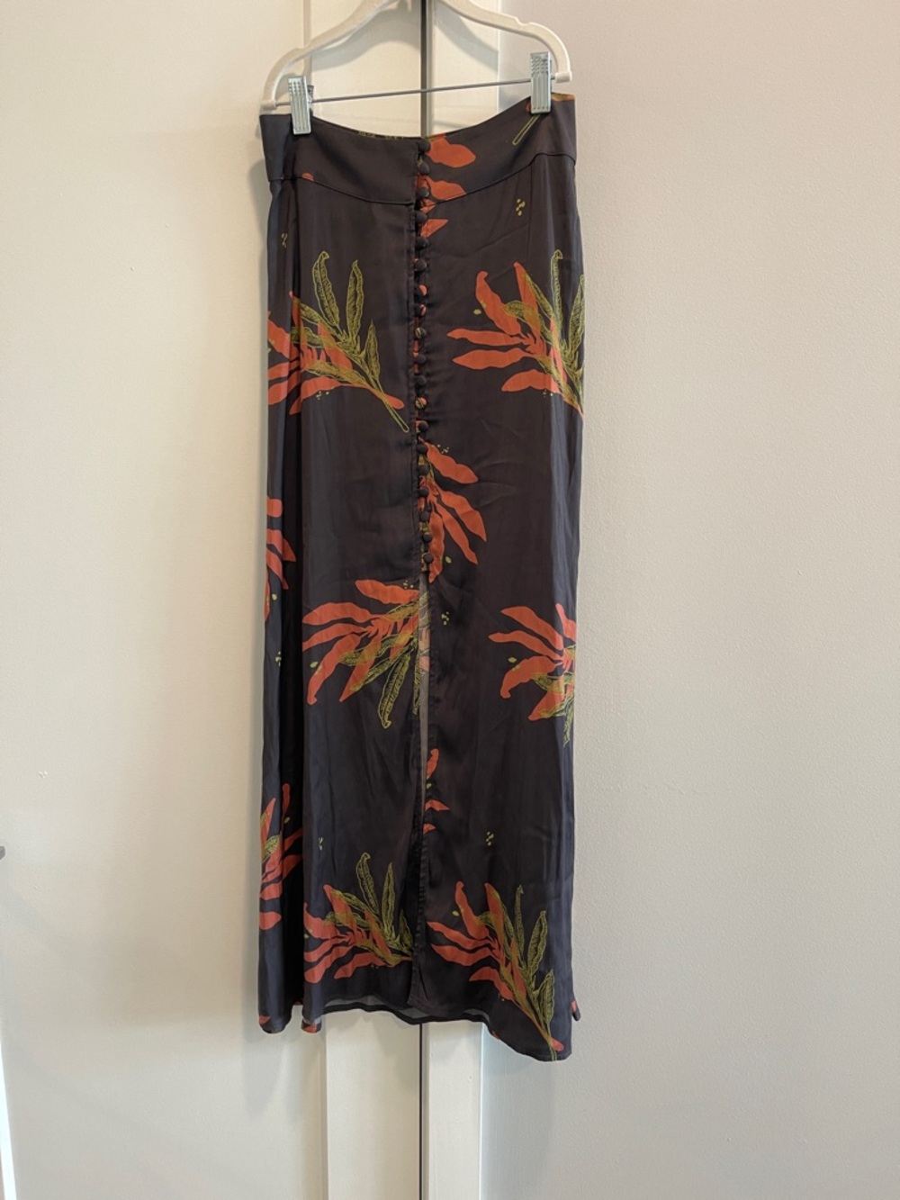 Free People Black Maxi Skirt with Coral and Olive Leaf Print